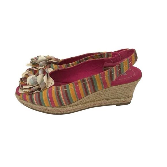 Naturalizer Espadrille Slingback Peep Toe Wedge Women 7M Pink Floral Stripe Mint - Picture 3 of 6